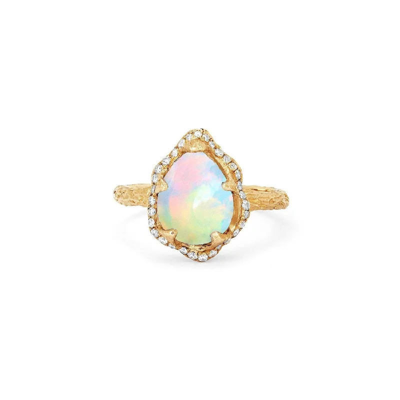 women’s gemstone rings-Baby Queen Water Drop White Opal Ring with Full Pavé Diamond Halo