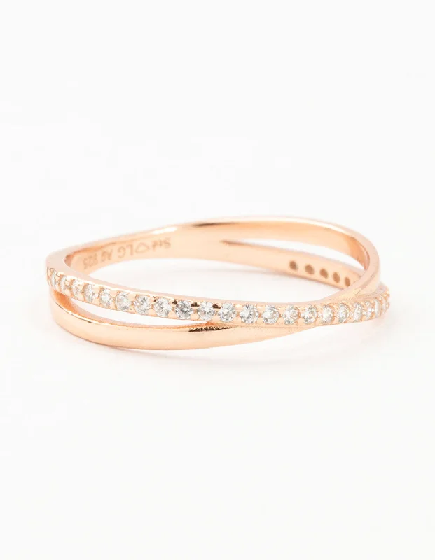 women’s rose gold engagement rings-Rose Gold Plated Sterling Silver Cubic Zirconia Crossover Ring