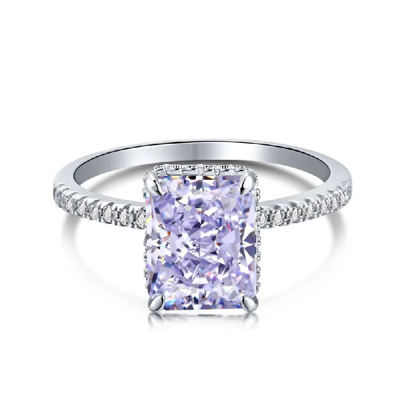 women’s personalized engagement rings-Light Purple Solitaire Radiant Cut Half Eternity Diamond Ring Sterling Silver