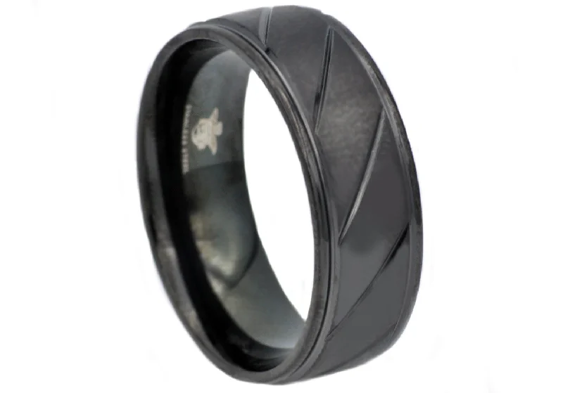 women’s pave diamond rings-Mens Black Stainless Steel Ring