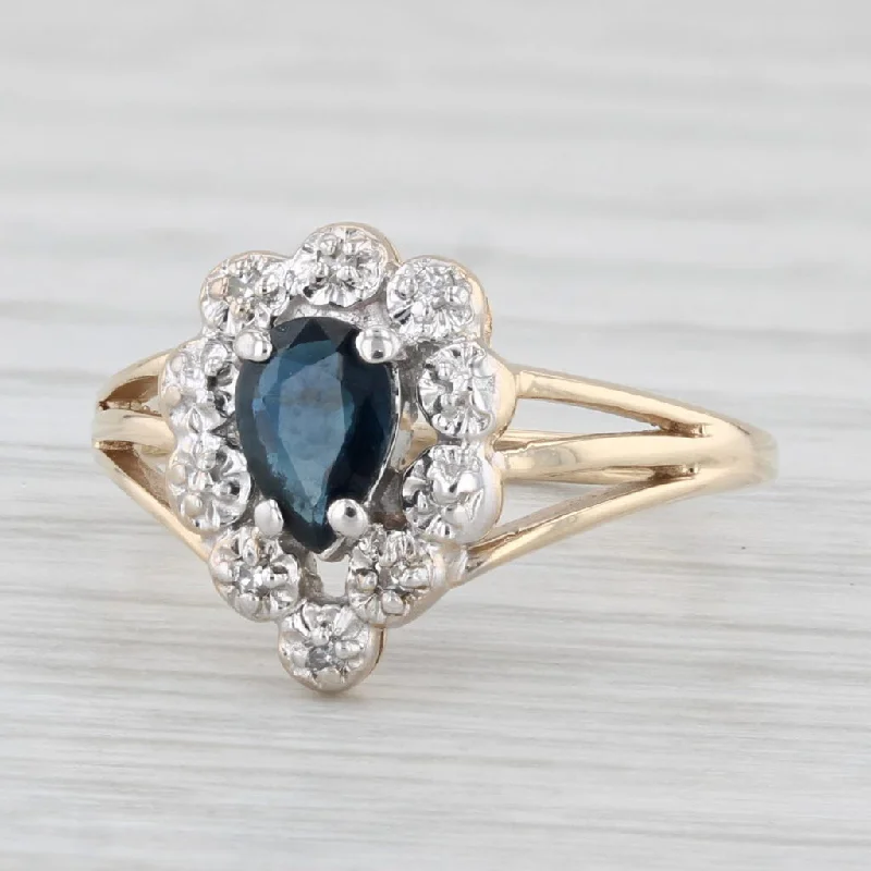 women’s unique engagement rings-0.44ctw Pear Blue Sapphire Diamond Ring 10k Yellow Gold Size 4.75