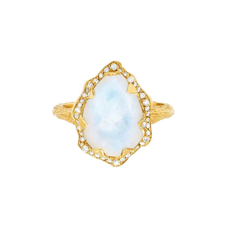 women’s diamond halo rings-Queen Water Drop Moonstone Ring with Full Pavé Diamond Halo