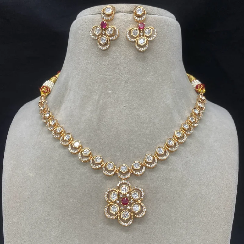 women’s boho necklaces-Amoliya Jewels Gold Plated Polki Kundan Floral Necklace Set