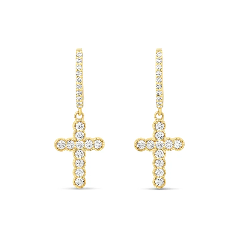 women’s chandalier earrings-14k Gold Cross Diamond Huggie Earrings