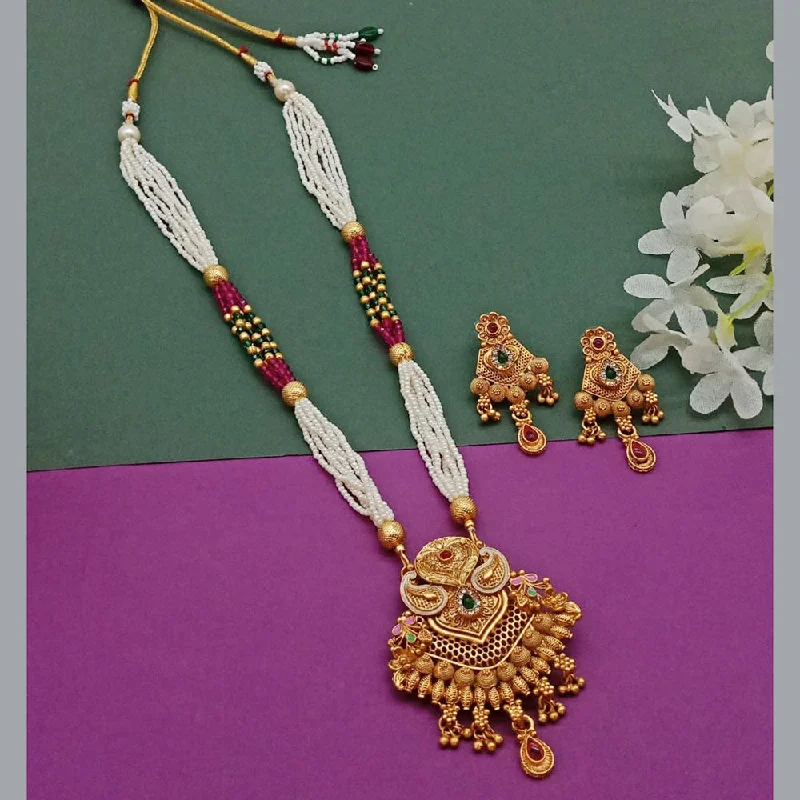 women’s gold-plated necklaces-India Art Gold Plated Pota Stone And Pearl Long Necklace Set