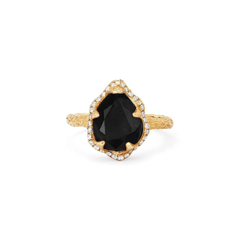 women’s unique rings-Baby Queen Water Drop Onyx Ring with Full Pavé Diamond Halo