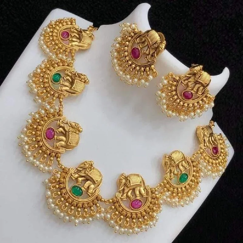 women’s birthstone necklaces-India Art Gold Plated Pota Stone And Pearls Necklace Set