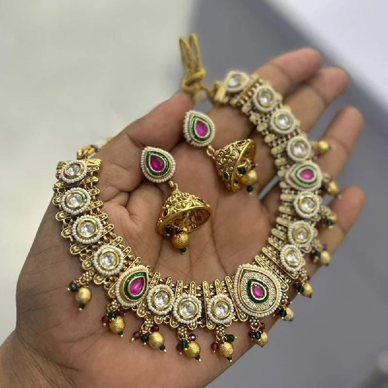 women’s antique necklaces-Neetu Art Gold Plated Pota Stone Necklace Set