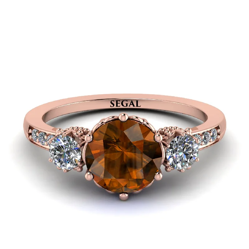 women’s engagement rings with rare gemstones-Vintage 3 Stones Brown Diamond Ring With Micro Pave - Luna No. 1102