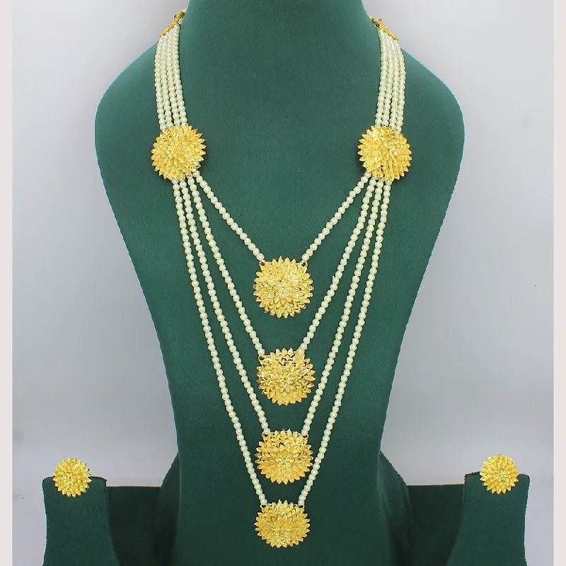 women’s zodiac necklaces-Mahavir Gold Plated Pearl Multi Layer Long Necklace Set