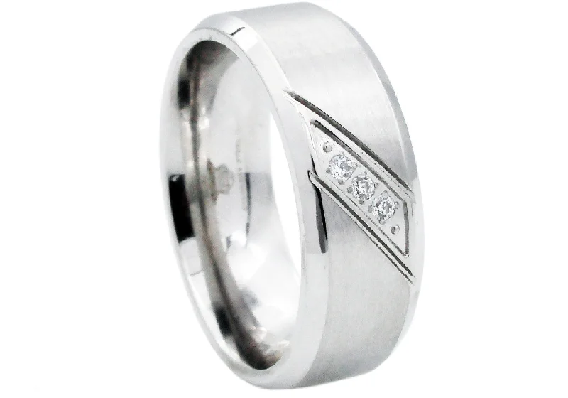 women’s titanium rings-Mens Stainless Steel Band With Cubic Zirconia