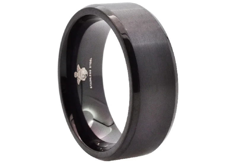 women’s sterling silver rings-Mens 8mm Black Stainless Steel Basic Band Ring