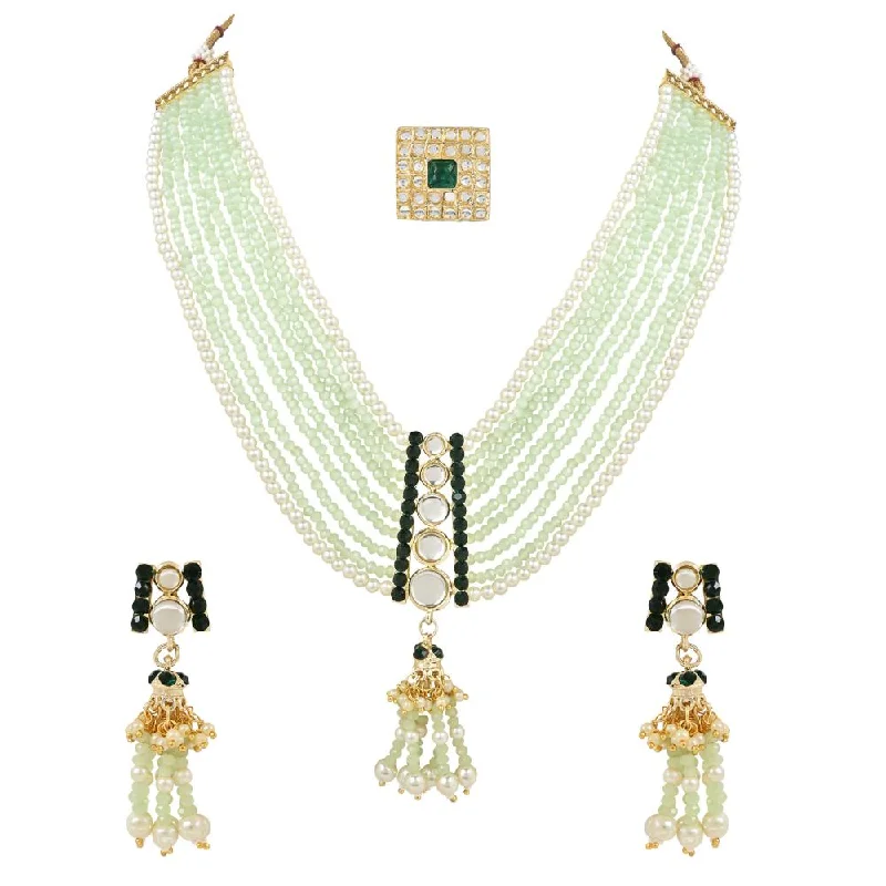 women’s friendship necklaces-Etnico Gold Plated Traditional Kundan & Mint Beads Multistrand Necklace With Earrings, Maang Tikka & Finger Ring Set For Women (ML320Min)men/Girls (ML319G) (Copy)