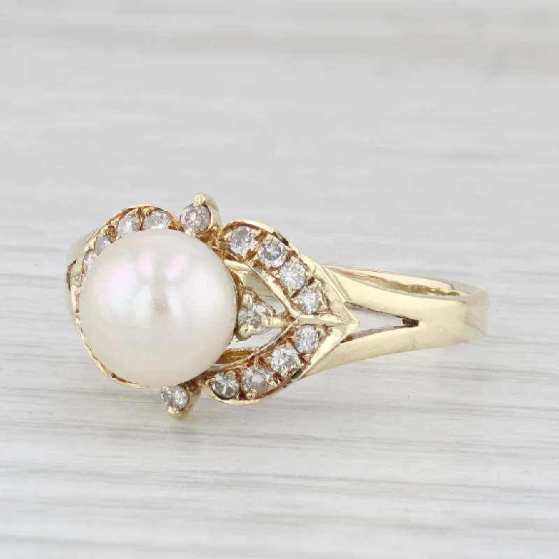 women’s white gold engagement rings-Vintage Cultured Pearl 0.18ctw Diamond Ring 14k Yellow Gold Size 7.75