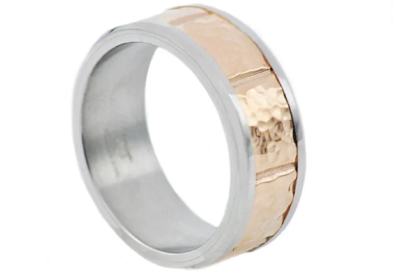 women’s gold band rings-Mens Hammered Rose Two Tone Stainless Steel Band