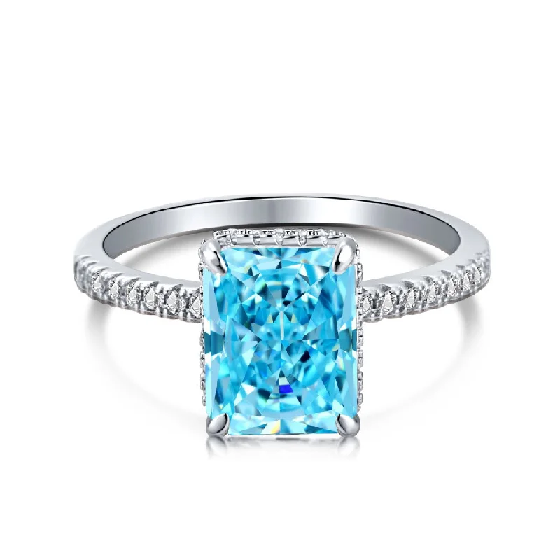 women’s modern engagement rings-Blue Crushed Ice Solitaire Radiant Cut Half Eternity Diamond Ring Sterling Silver