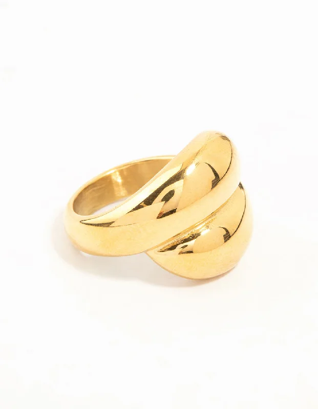 women’s thin band rings-Waterproof Gold Plated Stainless Steel Puffy Stacked Ring