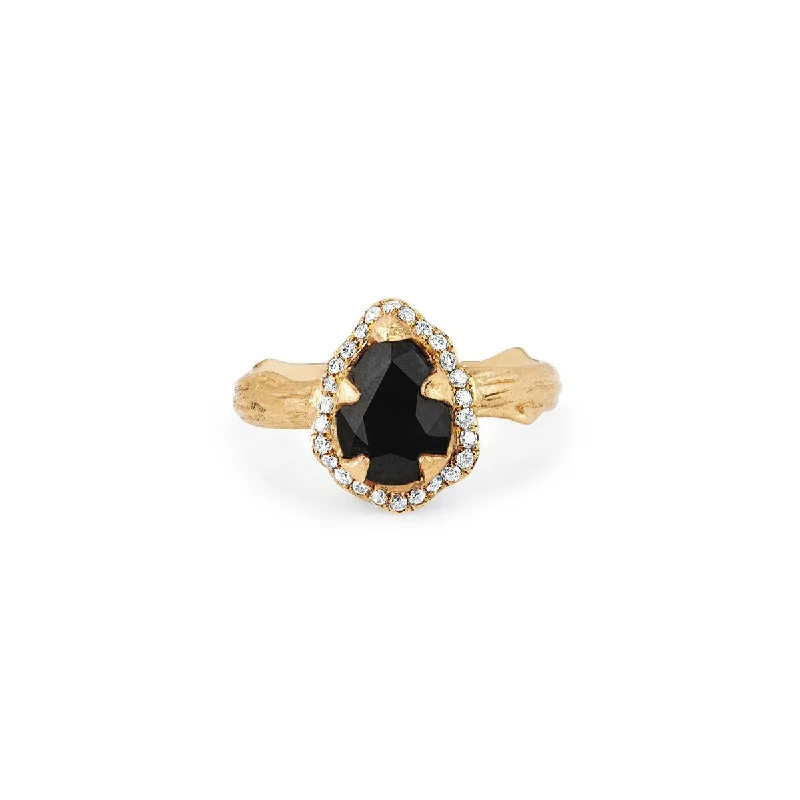 women’s bridal rings-Micro Queen Water Drop Onyx Rose Thorn Ring with Pavé Diamond Halo