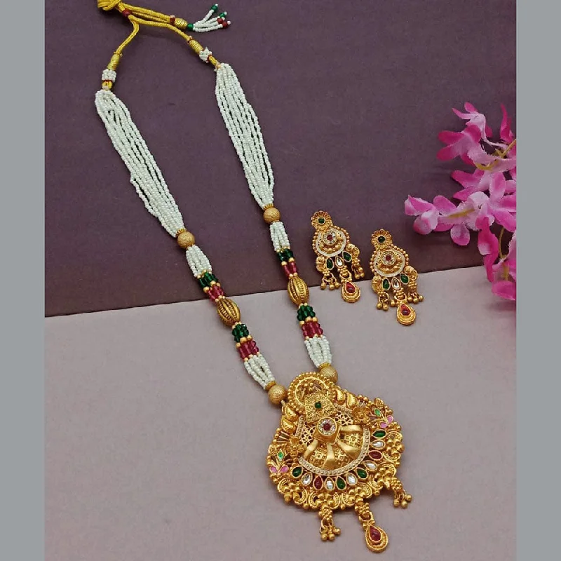 women’s classic necklaces-India Art Gold Plated Pota Stone And Pearl Long Necklace Set