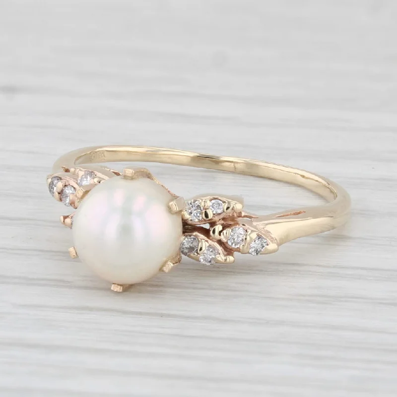 women’s fancy-shaped engagement rings-Vintage Cultured Pearl Diamond Ring 14k Yellow Gold Size 8