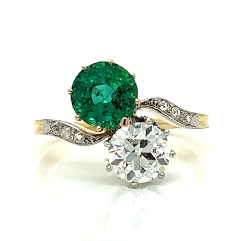 women’s pave diamond rings-Victorian 18kt Yellow Gold and Platinum Bypass Ring with Round Diamonds and Round Emeralds