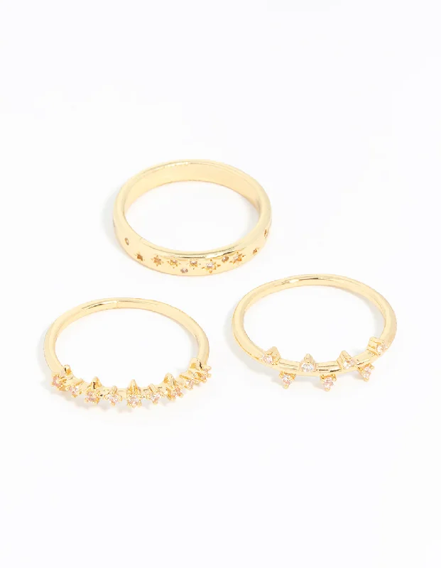 women’s ring sets-Gold Plated Cubic Zirconia Cluster Rings 3-Pack