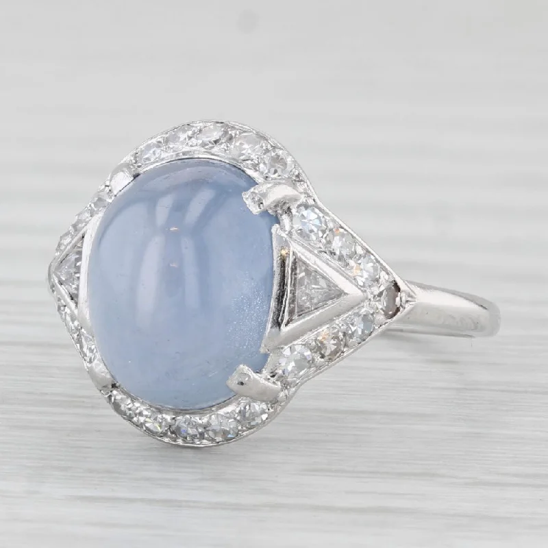 women’s engagement rings with aquamarine-9.30ctw Blue Star Sapphire Diamond Ring Platinum Size 7.5 Oval Cabochon