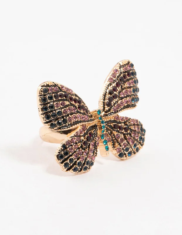 women’s art deco rings-Gold Jeweled Butterfly Ring