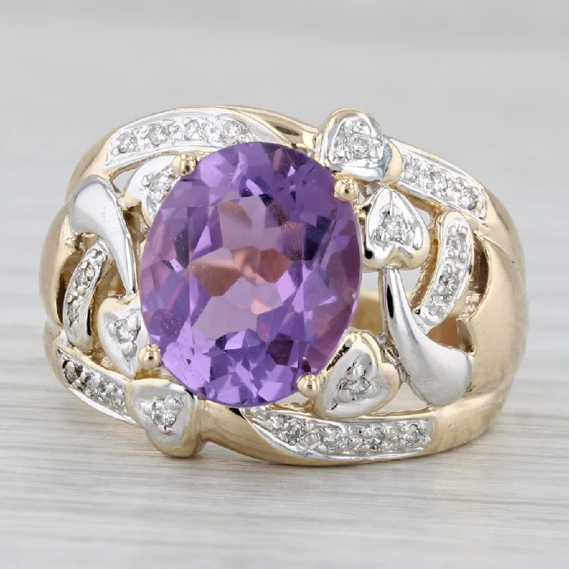 women’s round diamond engagement rings-4.49ctw Amethyst Diamond Ring 14K Gold Heart Accents Size 9 Cocktail