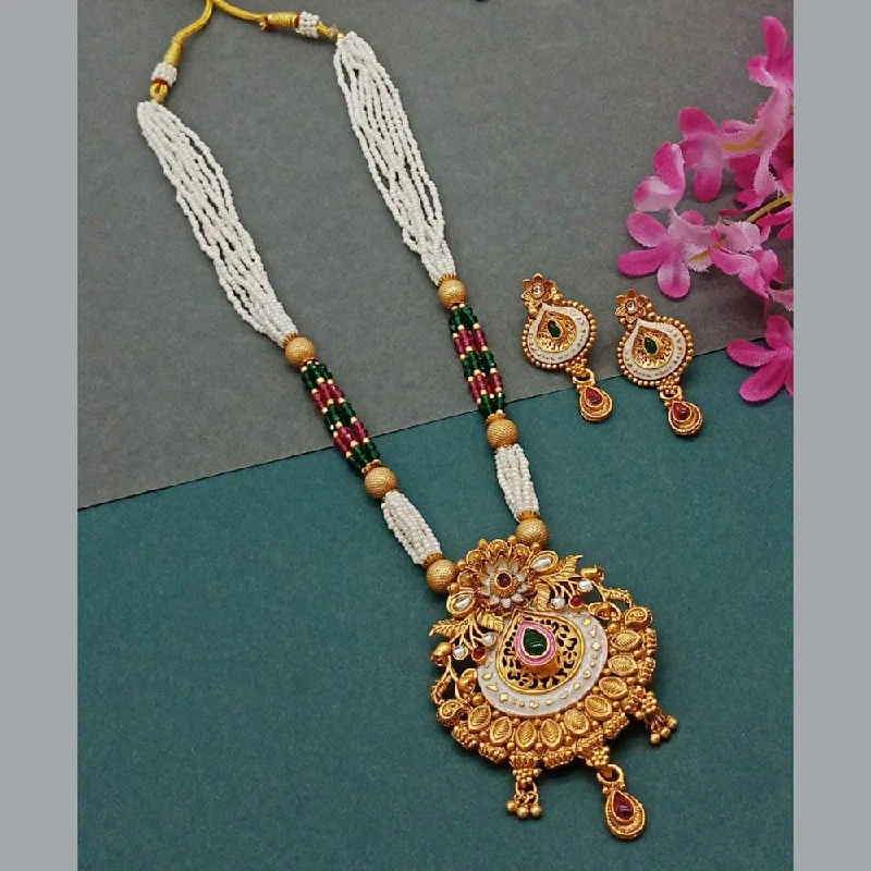 women’s antique necklaces-India Art Gold Plated Pota Stone And Pearl Long Necklace Set