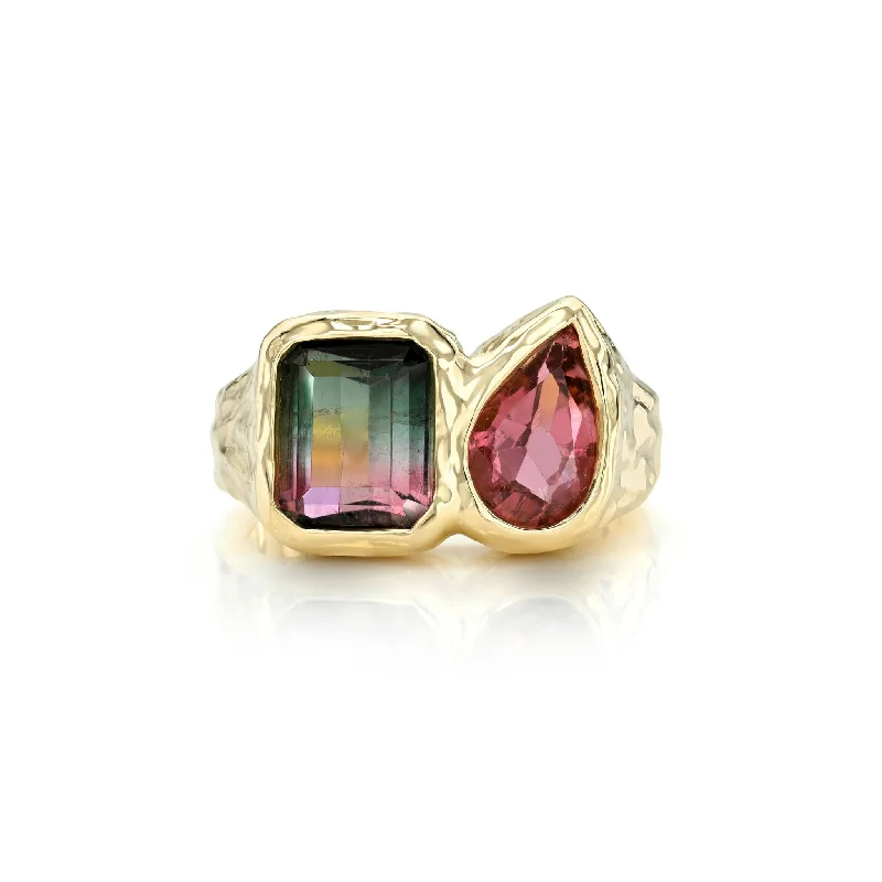 women’s adjustable gemstone rings-Toi Et Moi River Watermelon Tourmaline and Tourmaline Ring