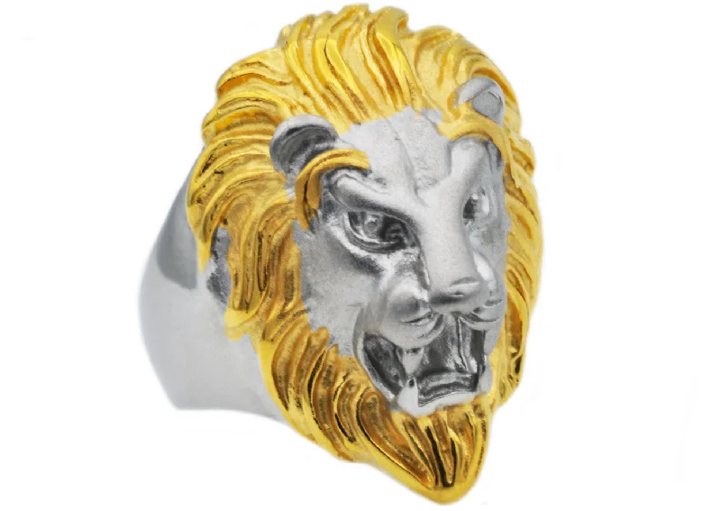 women’s stackable rings-Mens Gold Stainless Steel Lion Ring