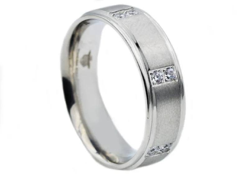 women’s delicate rings-Mens Stainless Steel Band With Cubic Zirconia