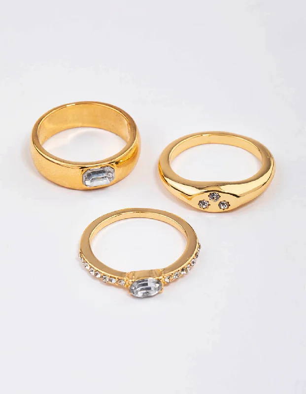 women’s aquamarine rings-Gold Plated Round Diamante Signet Ring Pack