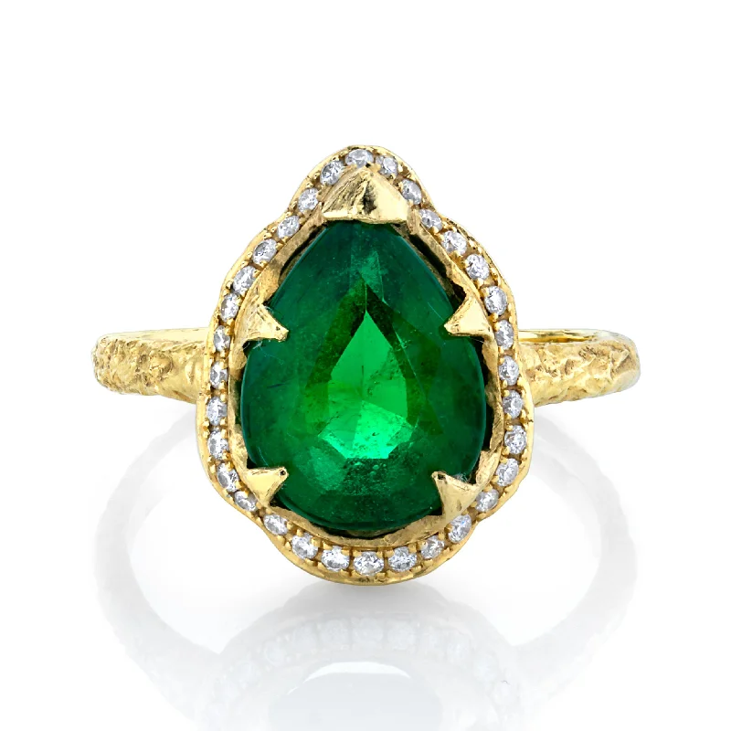 women’s delicate engagement rings-18k Premium Baby Water Drop Zambian Emerald Queen Ring with Full Pavé Diamond Halo | Ready to Ship