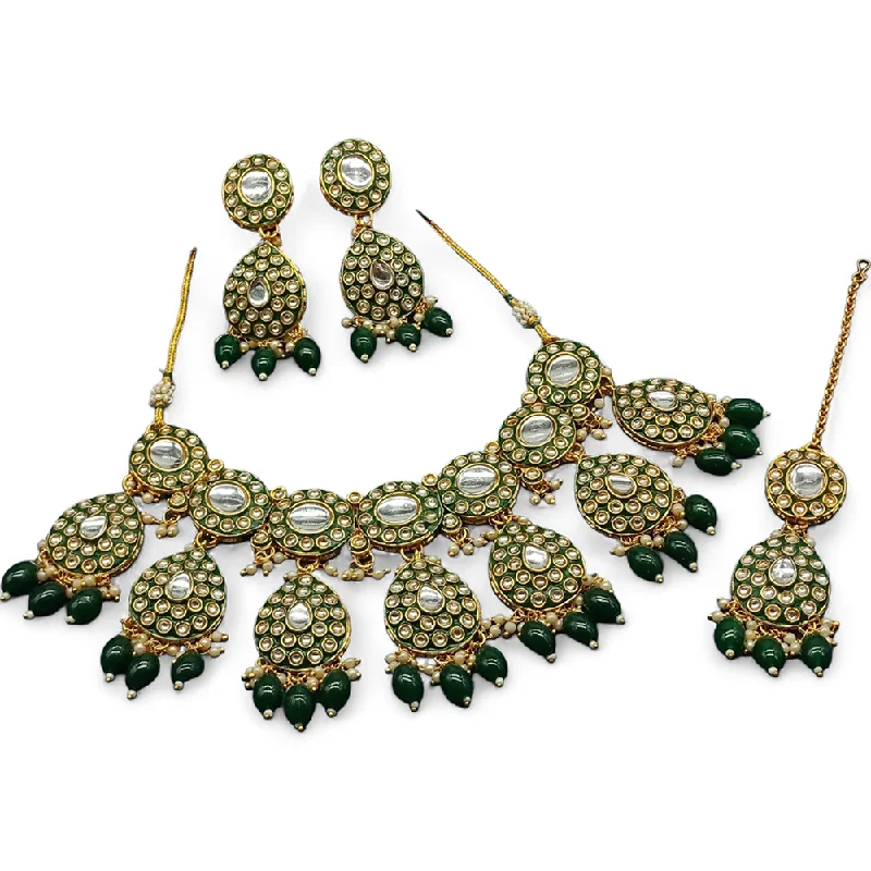 women’s solid gold necklaces-Gehana Mahal Gold Plated Kundan Stone And Beads Necklace Set