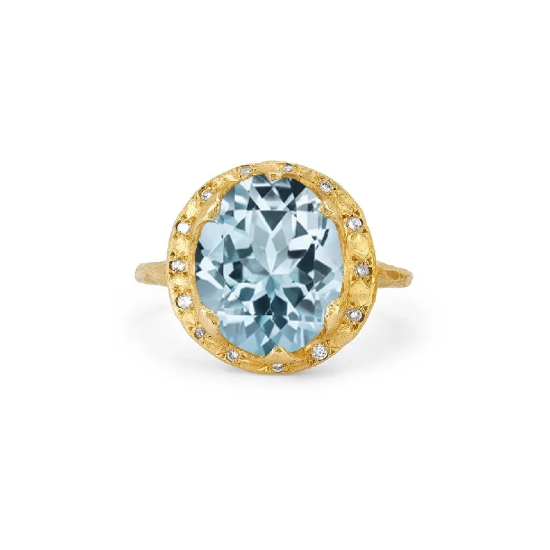 women’s engraved rings-Queen Oval Aquamarine Ring with Sprinkled Diamonds