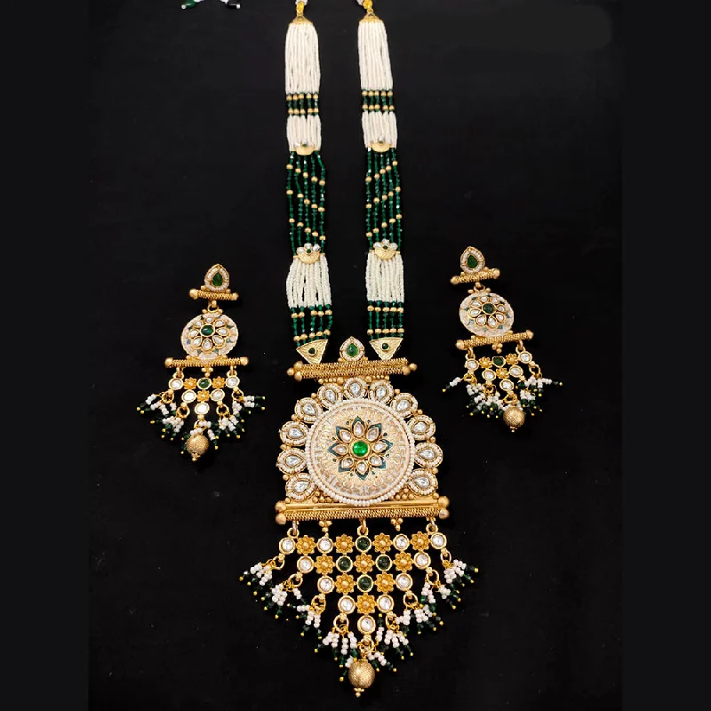 women’s heart-shaped necklaces-Lucentarts Jewellery Gold Plated Kundan And Pearl Long Necklace Set