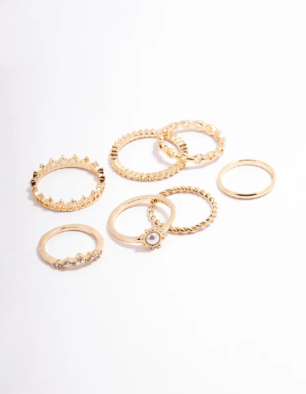 women’s zirconia rings-Gold Diamante & Pearl Crown Ring Pack