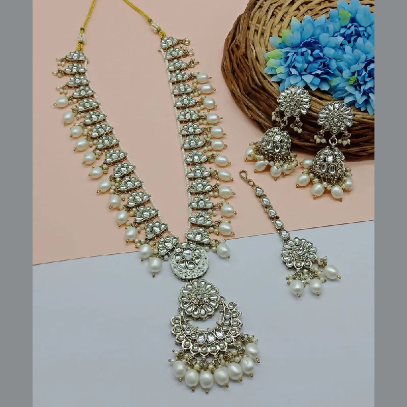 women’s birthstone necklaces-India Art Gold Plated Kundan Stone And Beads Long Necklace Set