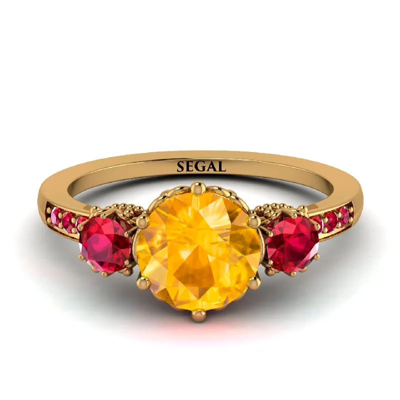 women’s gold engagement rings-Vintage 3 Stones Yellow Diamond Ring With Micro Pave - Luna No. 1013