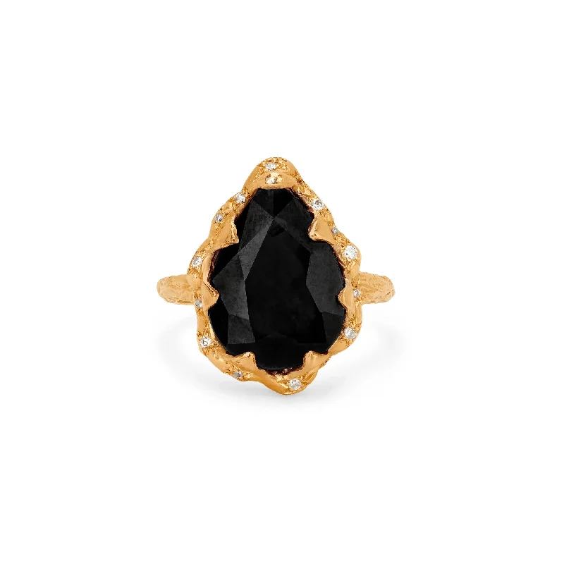 women’s yellow gold rings-Medium Queen Water Drop Onyx Ring with Sprinkled Diamonds