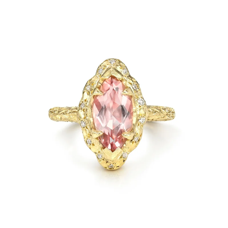 women’s sapphire rings-Baby Marquise Morganite Queen Ring with Sprinkled Diamonds