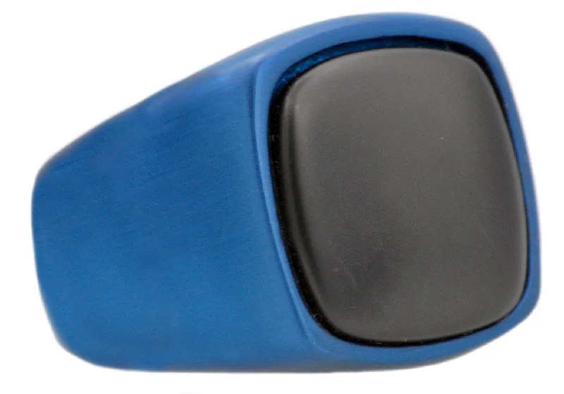 women’s custom wedding rings-Mens Onyx And Blue Stainless Steel Ring