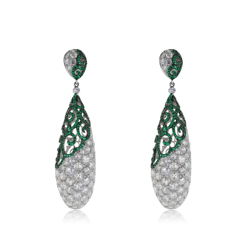 women’s large earrings-18K White Gold 14.39ct Diamond and Emerald Drop Earrings