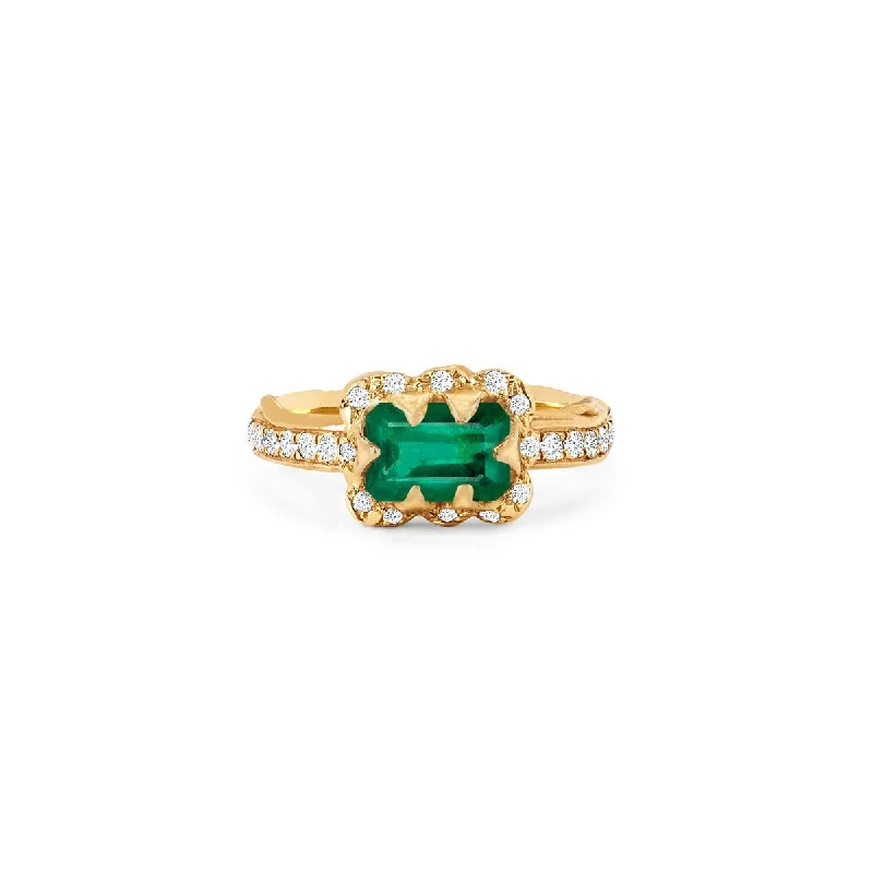 women’s diamond solitaire rings-Micro Queen Emerald Cut Emerald Ring with Sprinkled Diamonds