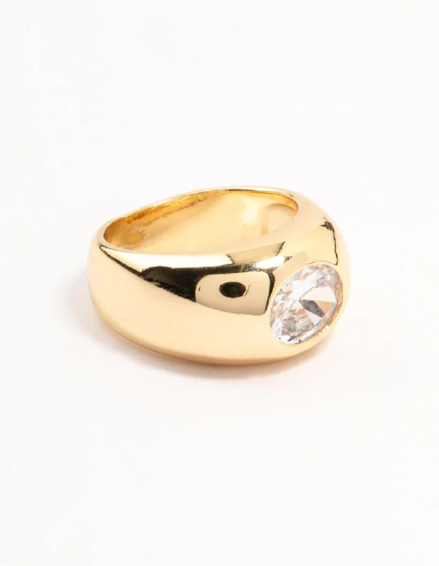 women’s wedding rings-Gold Plated Wide Band Cubic Zirconia Ring