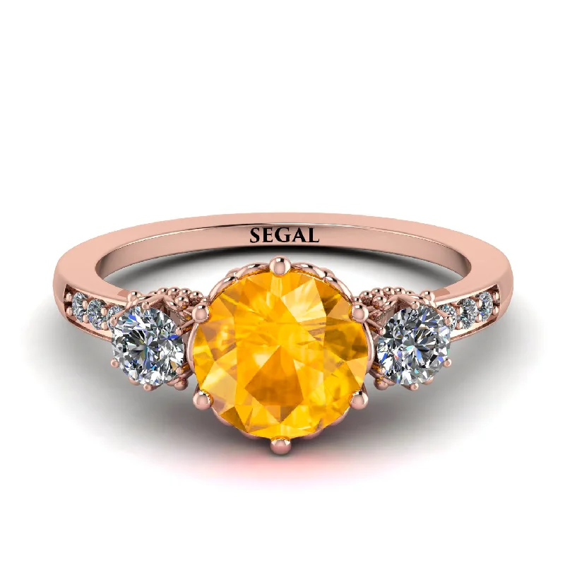 women’s white gold engagement rings-Vintage 3 Stones Yellow Diamond Ring With Micro Pave - Luna No. 1002