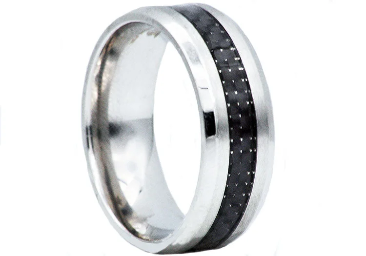 women’s chunky rings-Mens Carbon Fiber And Stainless Steel Band