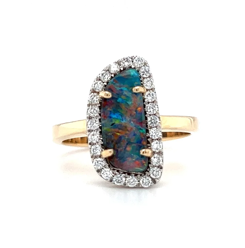 women’s platinum diamond engagement rings-14k Yellow Gold Boulder Opal & Diamond Ring